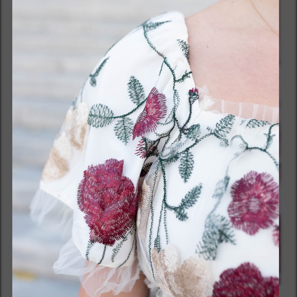 Floral Embroidered Maxi Dress in White with Burgundy Accents - Picture 5 of 9